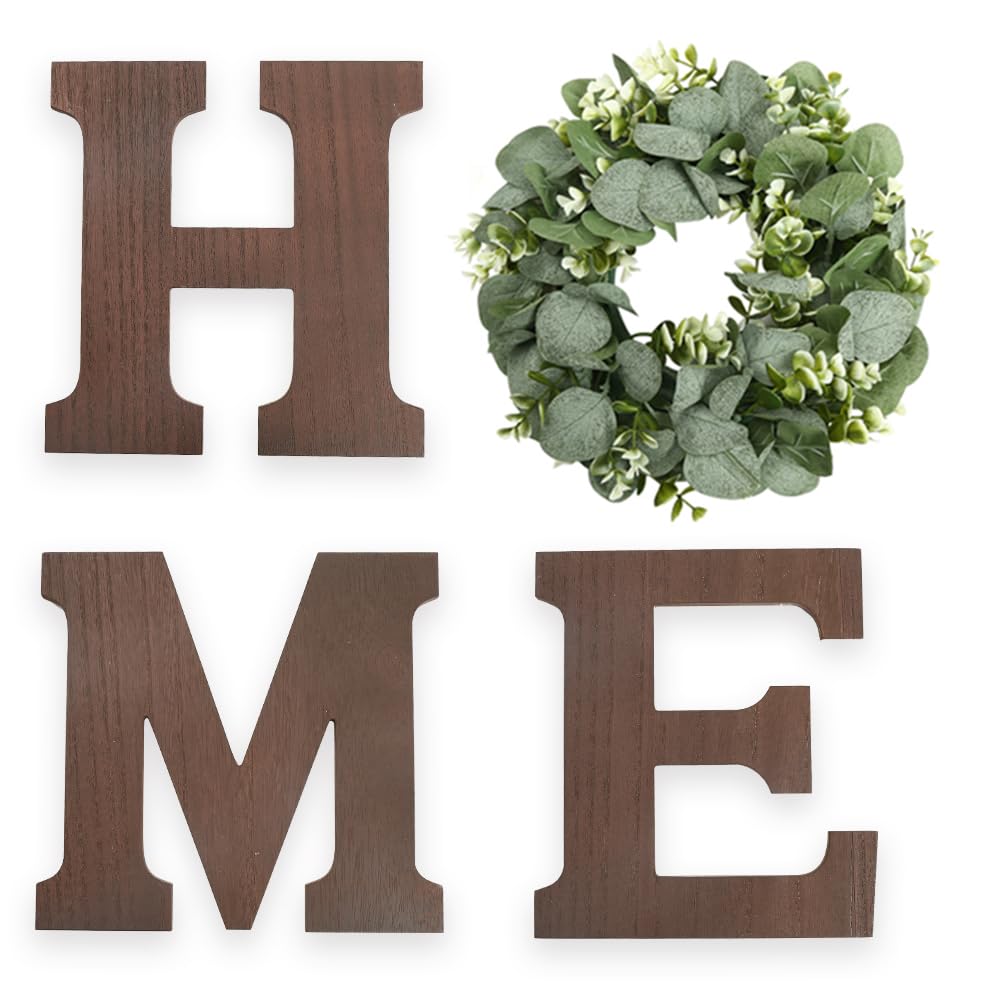 Wood Home Sign – Farmhouse Wall Decor with Eucalyptus Wreath