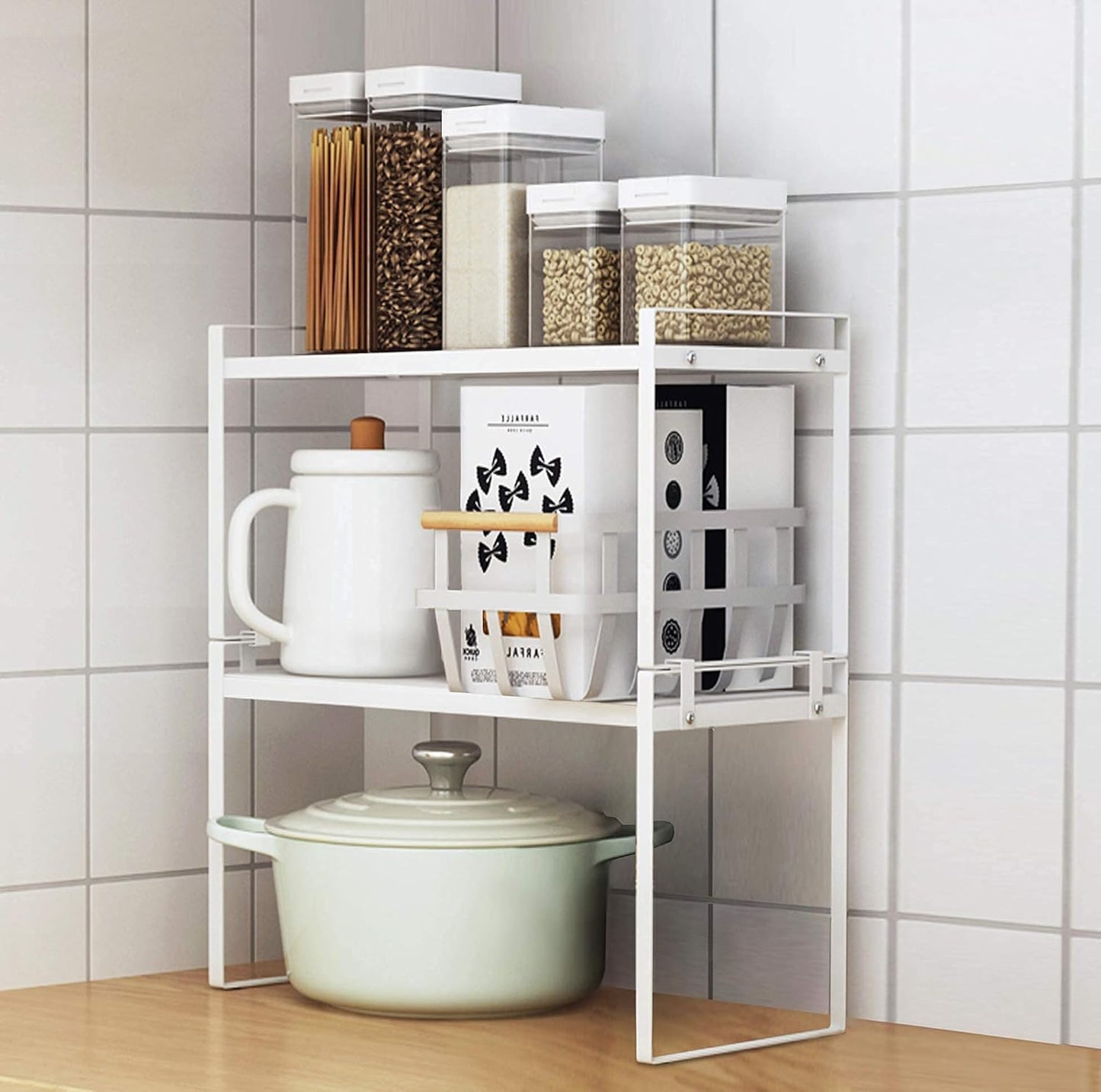 Stackable Shelf Organizers – 2-Pack Cabinet Counter Racks, White