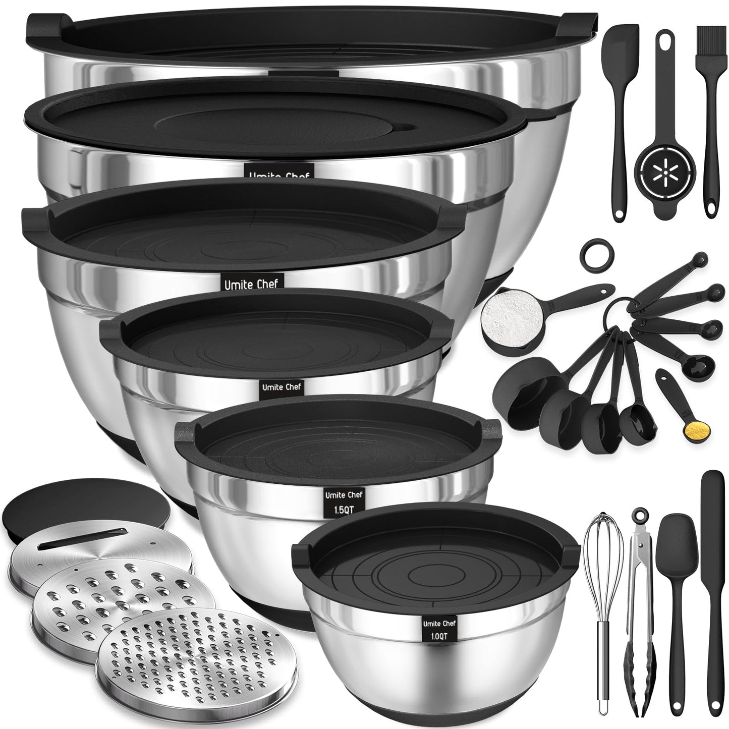 Mixing Bowls Set with Lids – 26PCS Stainless Steel, Non-Slip Base, Graters Included