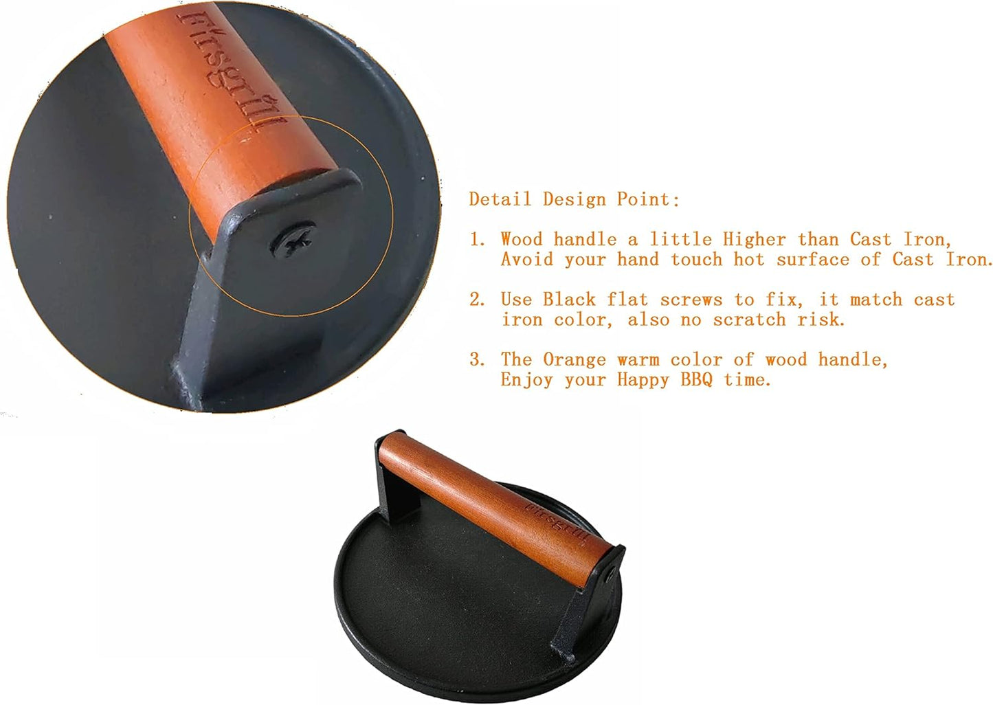 Cast Iron Burger Press – 7" Round, Wooden Handle
