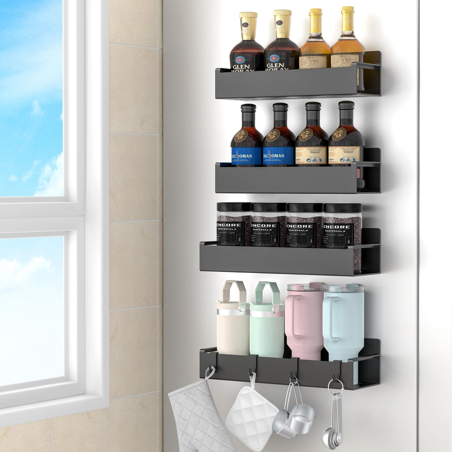 Magnetic Spice Rack – 4-Pack Fridge and Oven Organizer Set, Black