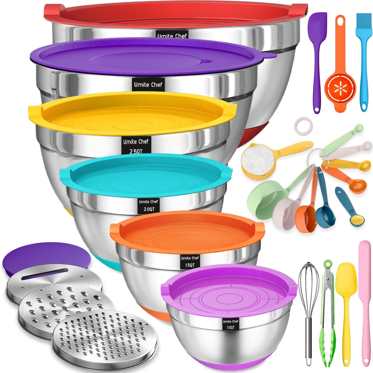 Mixing Bowls Set with Lids – 26PCS Stainless Steel, Non-Slip Base, Graters Included
