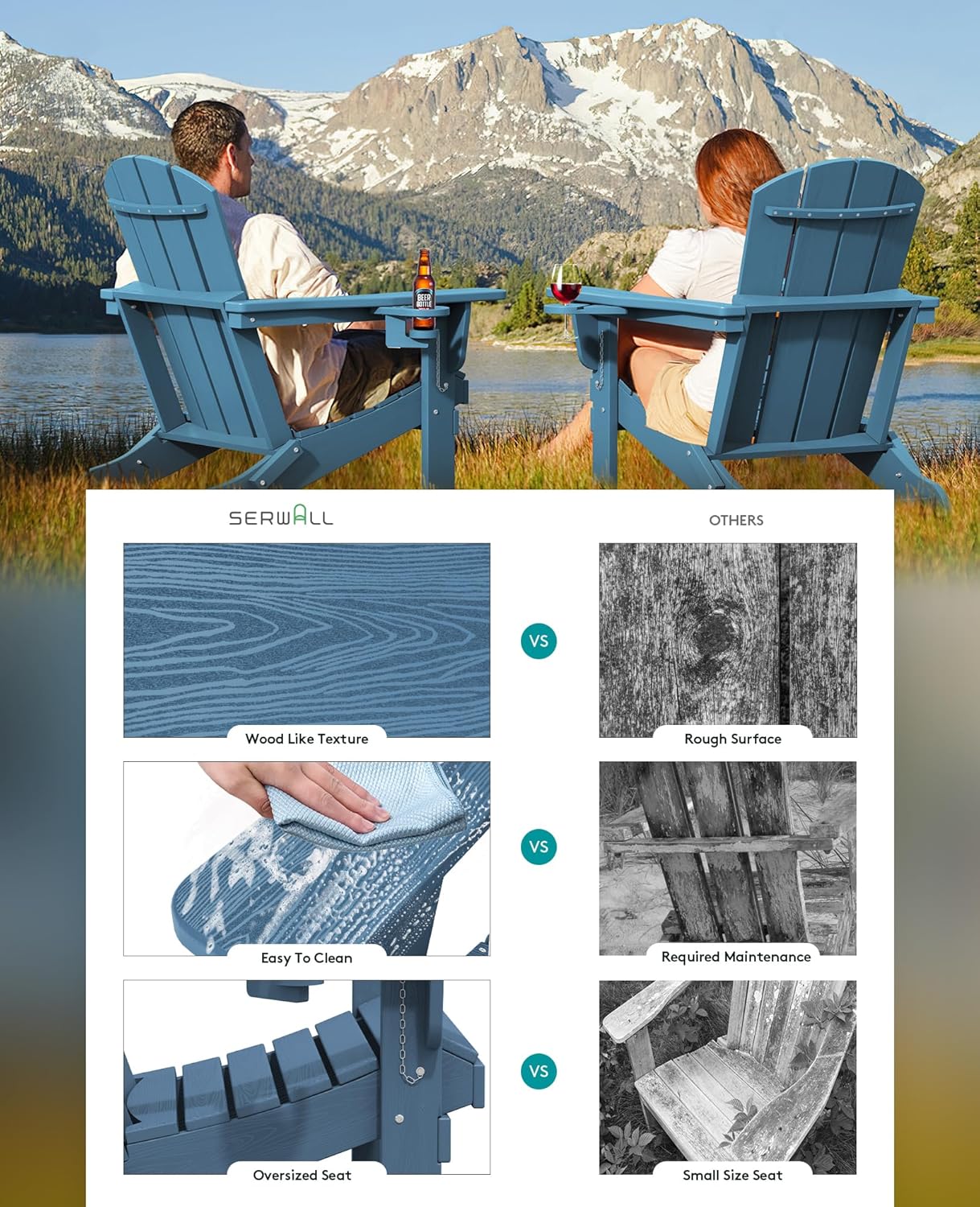 Folding Adirondack Chair – Weatherproof HDPE, Wood-Look