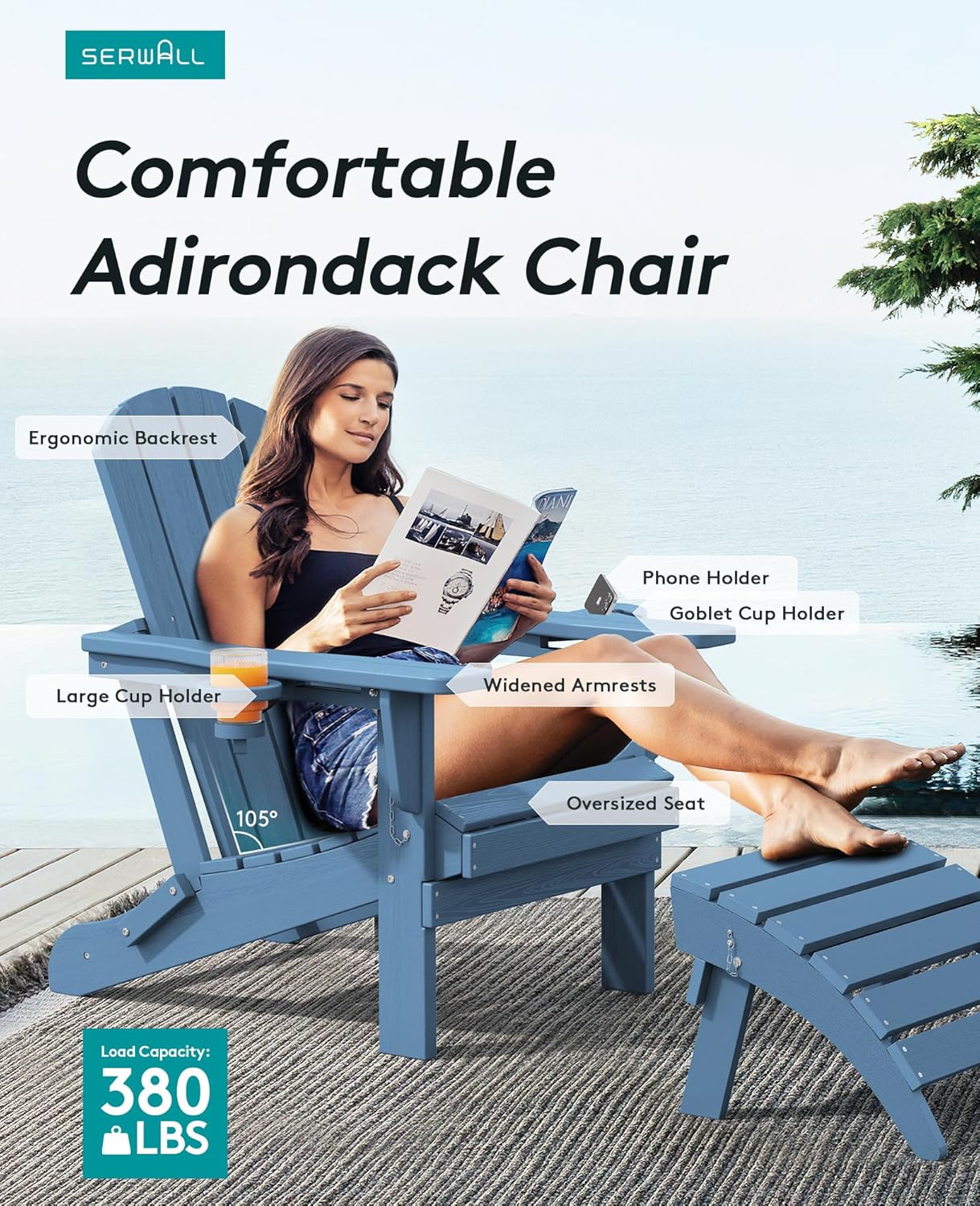 Folding Adirondack Chair – Weatherproof HDPE, Wood-Look