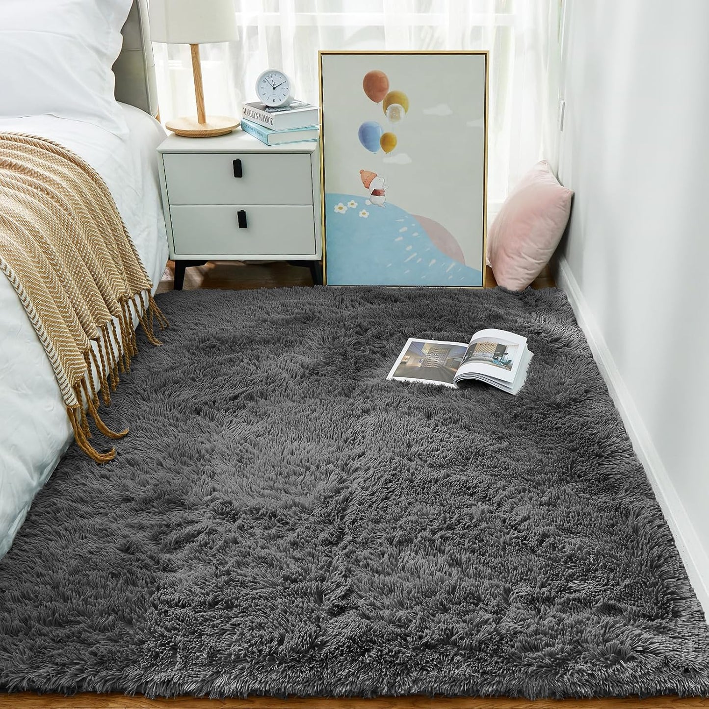 Fluffy Shag Rug – 4x6 Grey Carpet for Bedroom, Living Room, Dorm