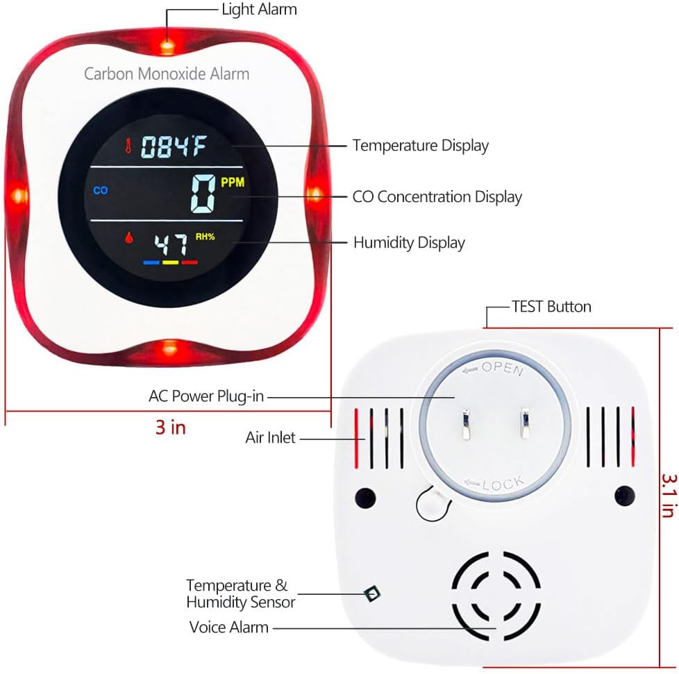 Plug-In CO Detector – 3-in-1 with LCD Temp & Humidity Display