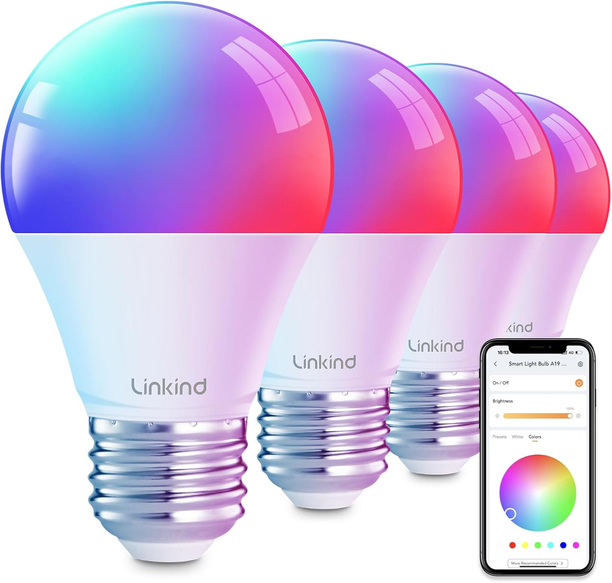 Smart LED Light Bulbs – Wi-Fi, 64 Scenes, Music Sync, 4-Pack