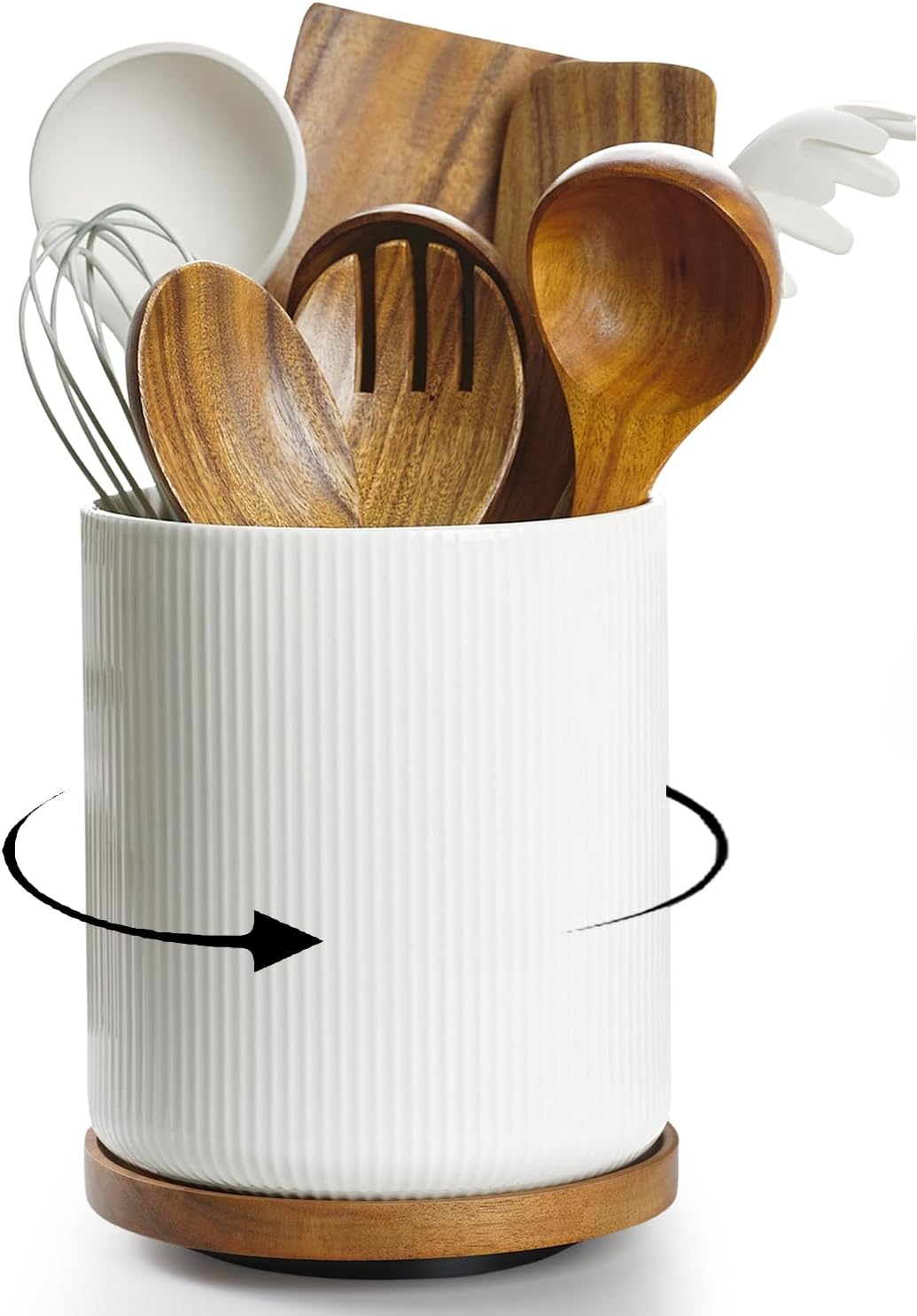 Ceramic Utensil Holder – 360° Rotating, with Wooden Base