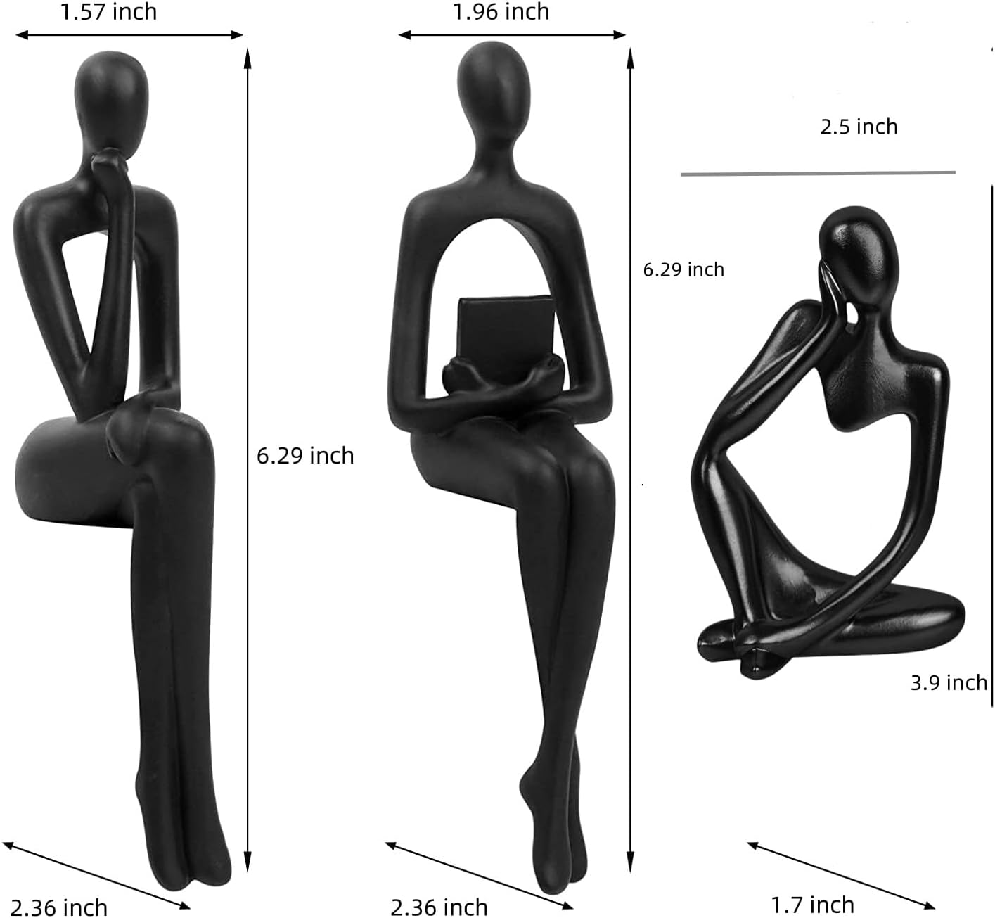 Thinker Statue Set – 3 Abstract Resin Figurines, Black
