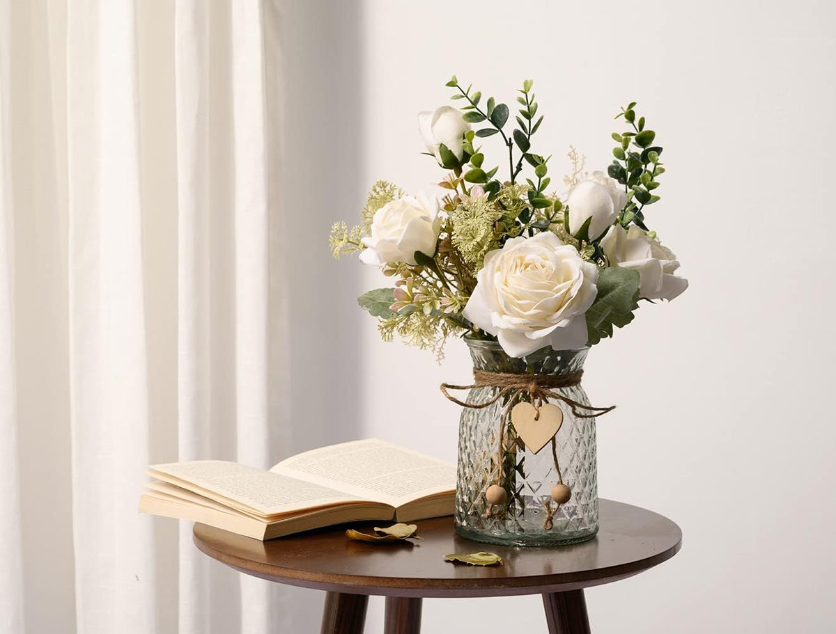Artificial Roses in Vase – Faux Floral Centerpiece, White