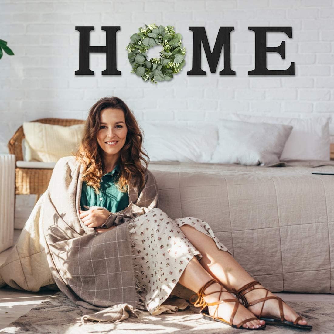 Wood Home Sign – Farmhouse Wall Decor with Eucalyptus Wreath