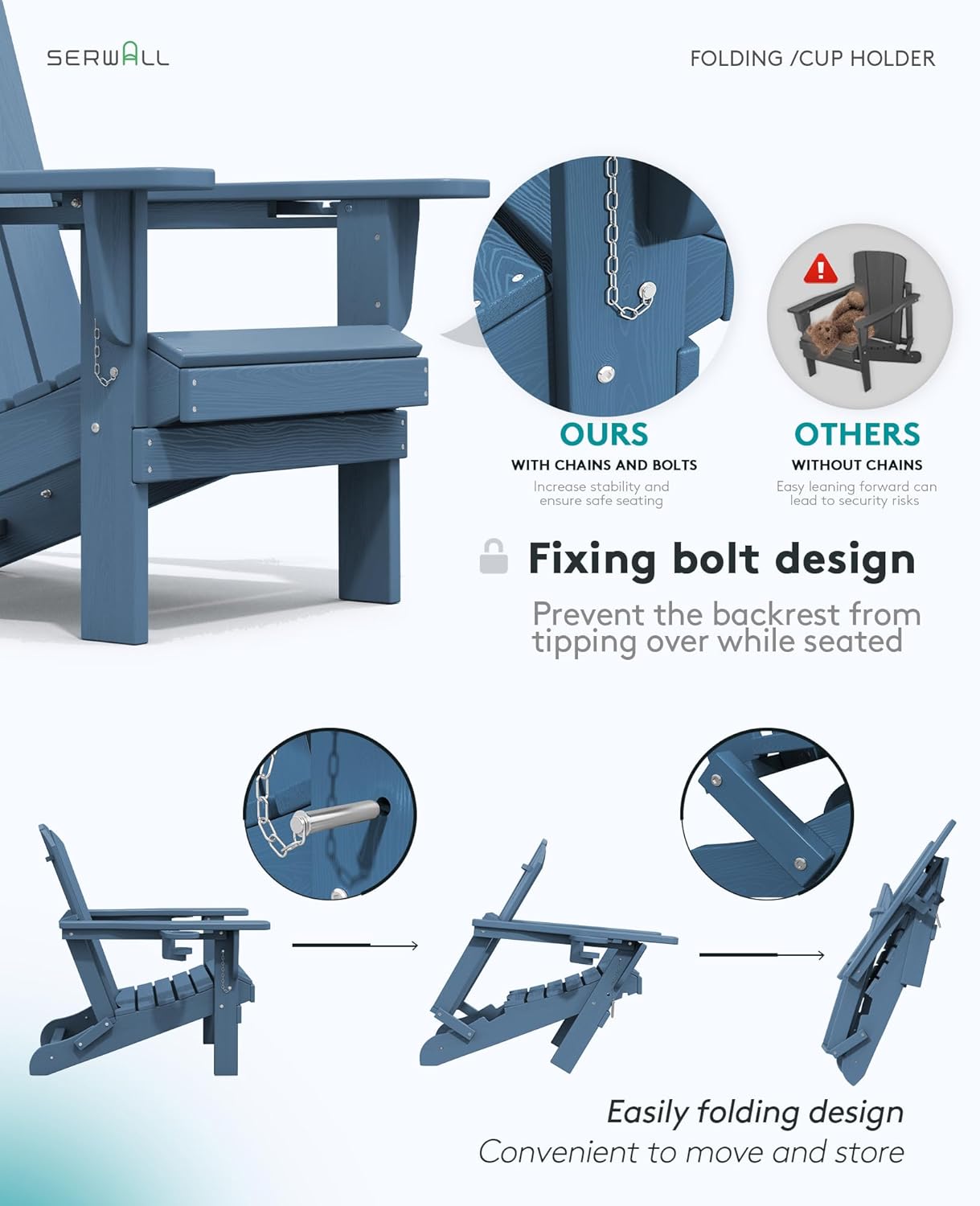 Folding Adirondack Chair – Weatherproof HDPE, Wood-Look