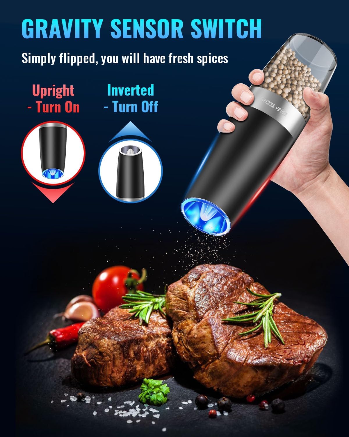 Electric Salt & Pepper Grinder Set – LED Light, Adjustable Coarseness