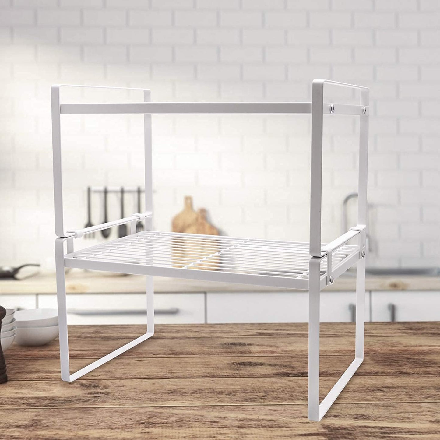 Stackable Shelf Organizers – 2-Pack Cabinet Counter Racks, White