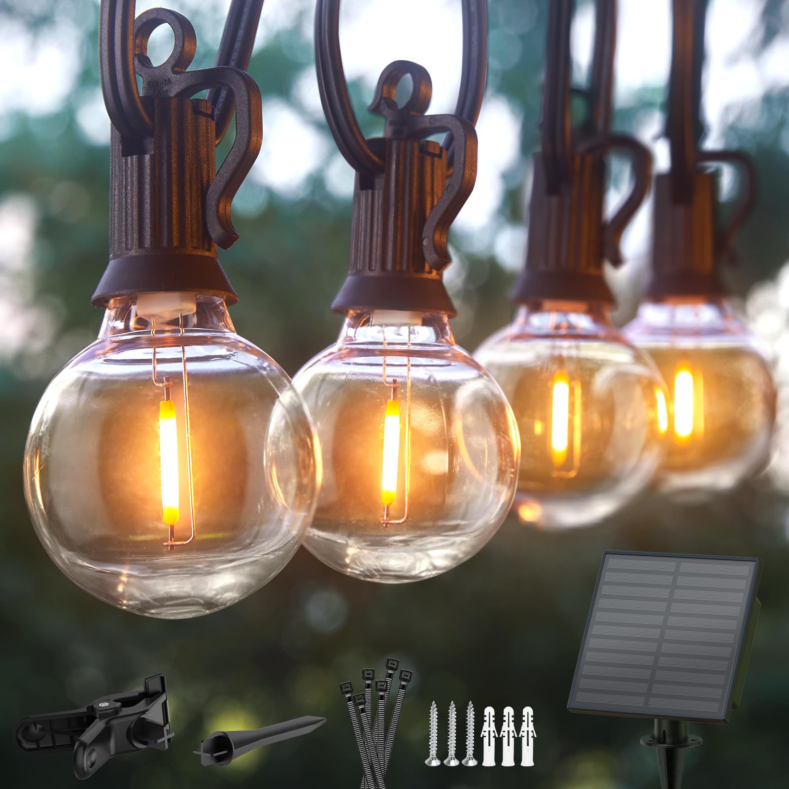 Solar String Lights – 38FT G40 Bulbs with USB, Waterproof Patio Lights