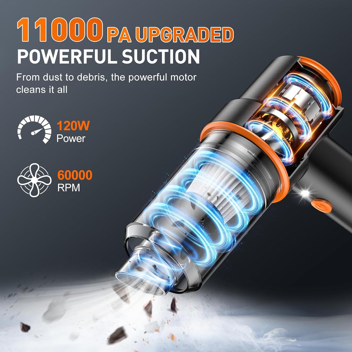 Handheld Car Vacuum – Cordless, 11000PA Suction, LED Light
