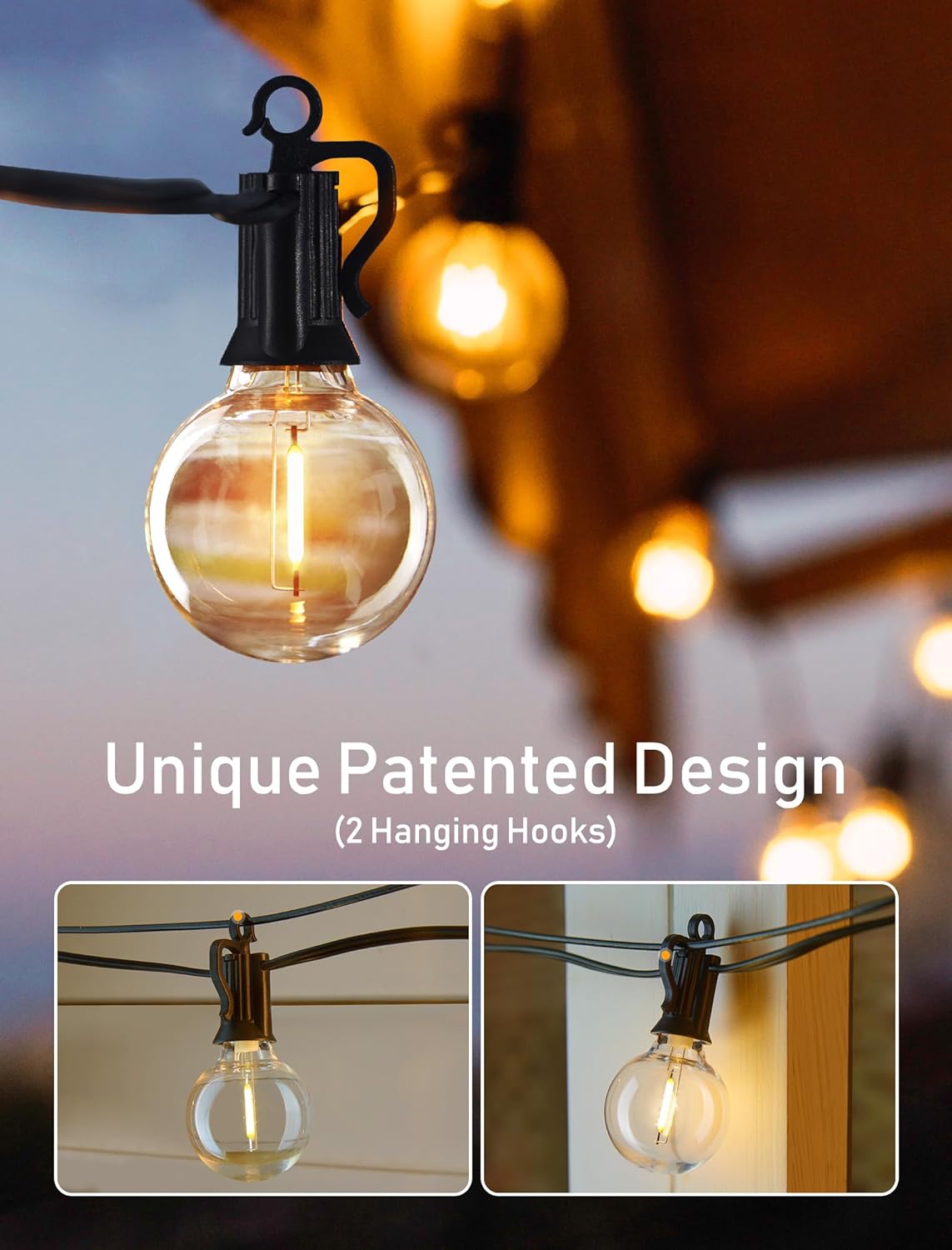Solar String Lights – 38FT G40 Bulbs with USB, Waterproof Patio Lights