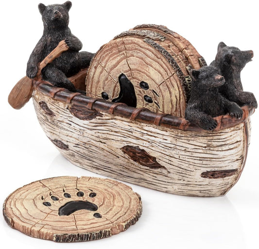 Rustic Bear Coasters – Set of 6 with Canoe Holder & Figurines