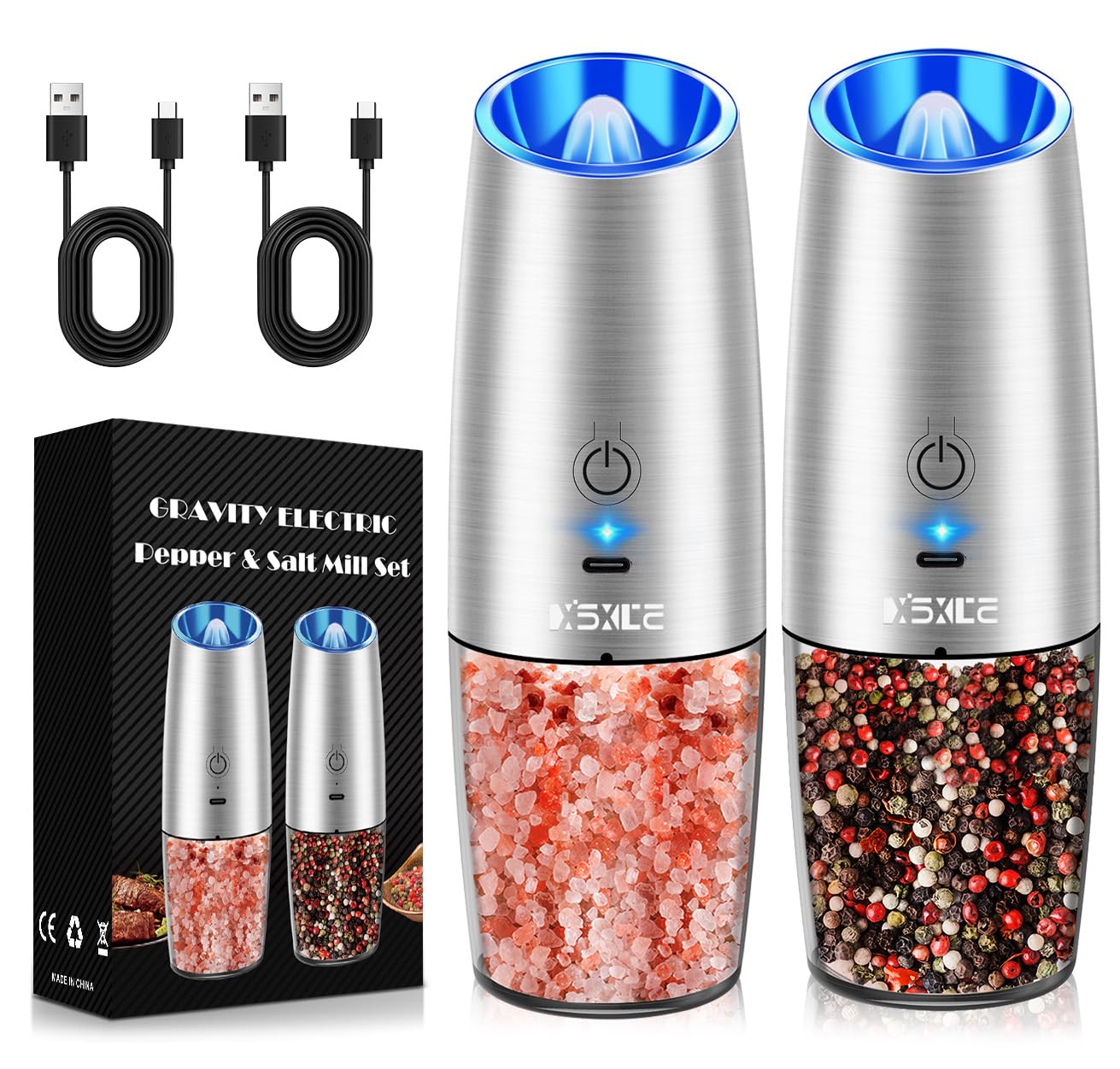 Electric Salt & Pepper Grinder Set – LED Light, Adjustable Coarseness