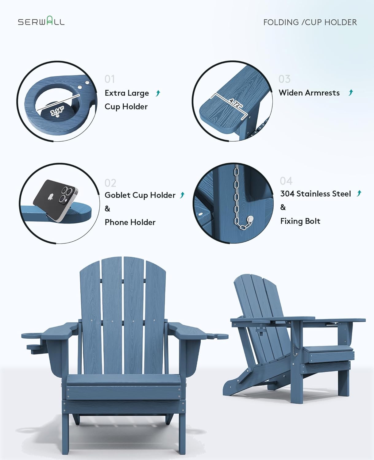 Folding Adirondack Chair – Weatherproof HDPE, Wood-Look