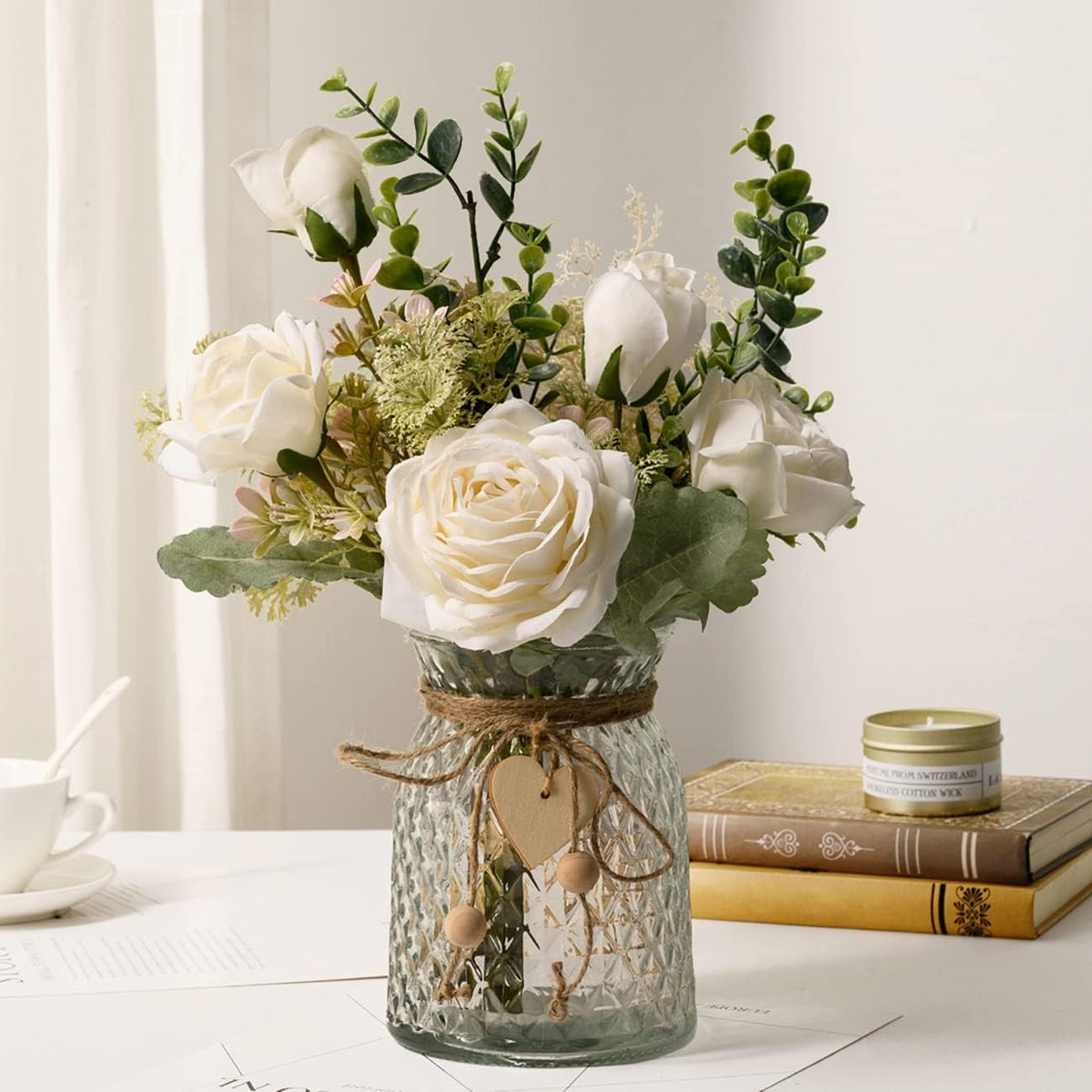 Artificial Roses in Vase – Faux Floral Centerpiece, White