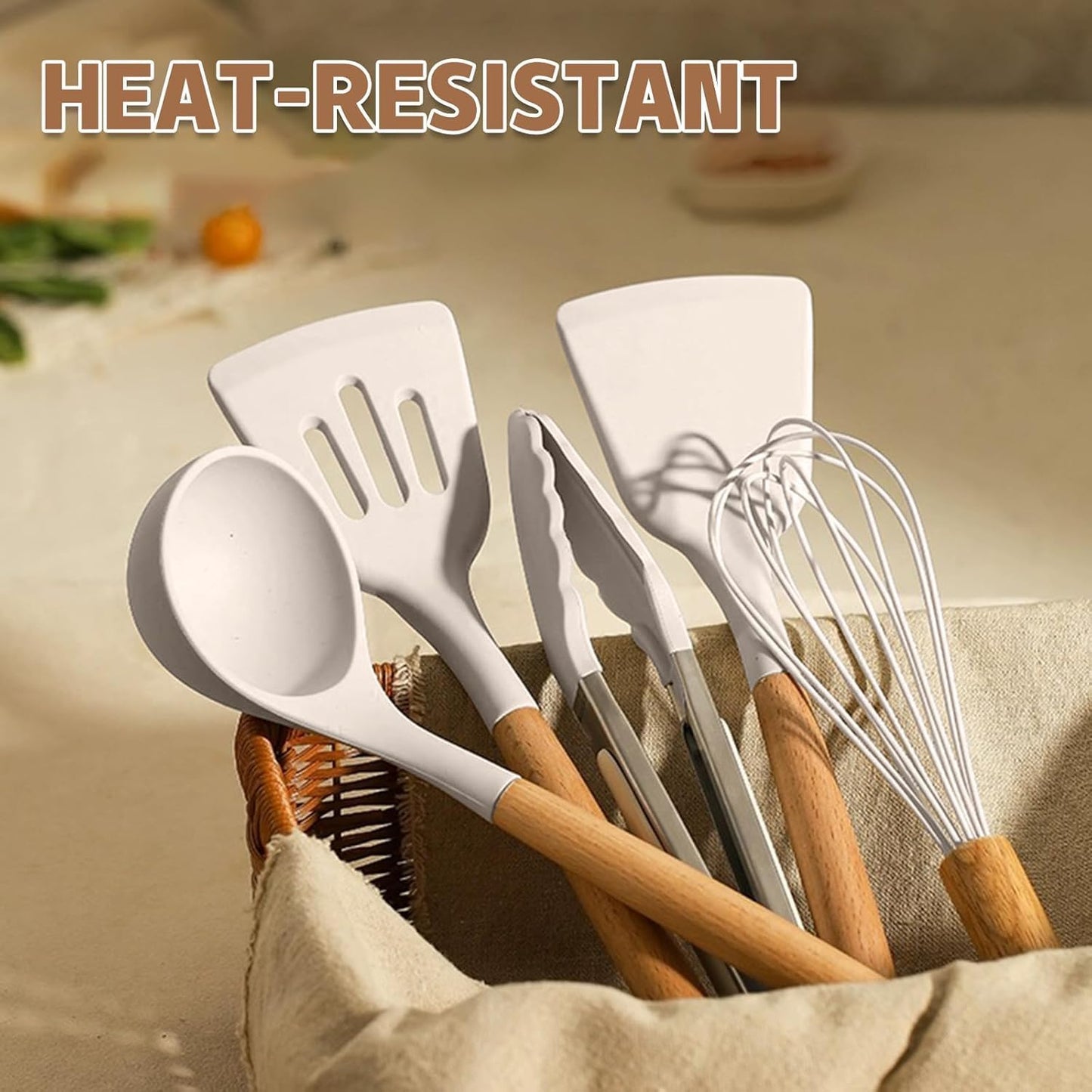 Silicone Kitchen Utensils Set – 33PCS Nonstick with Holder, Wooden Handles
