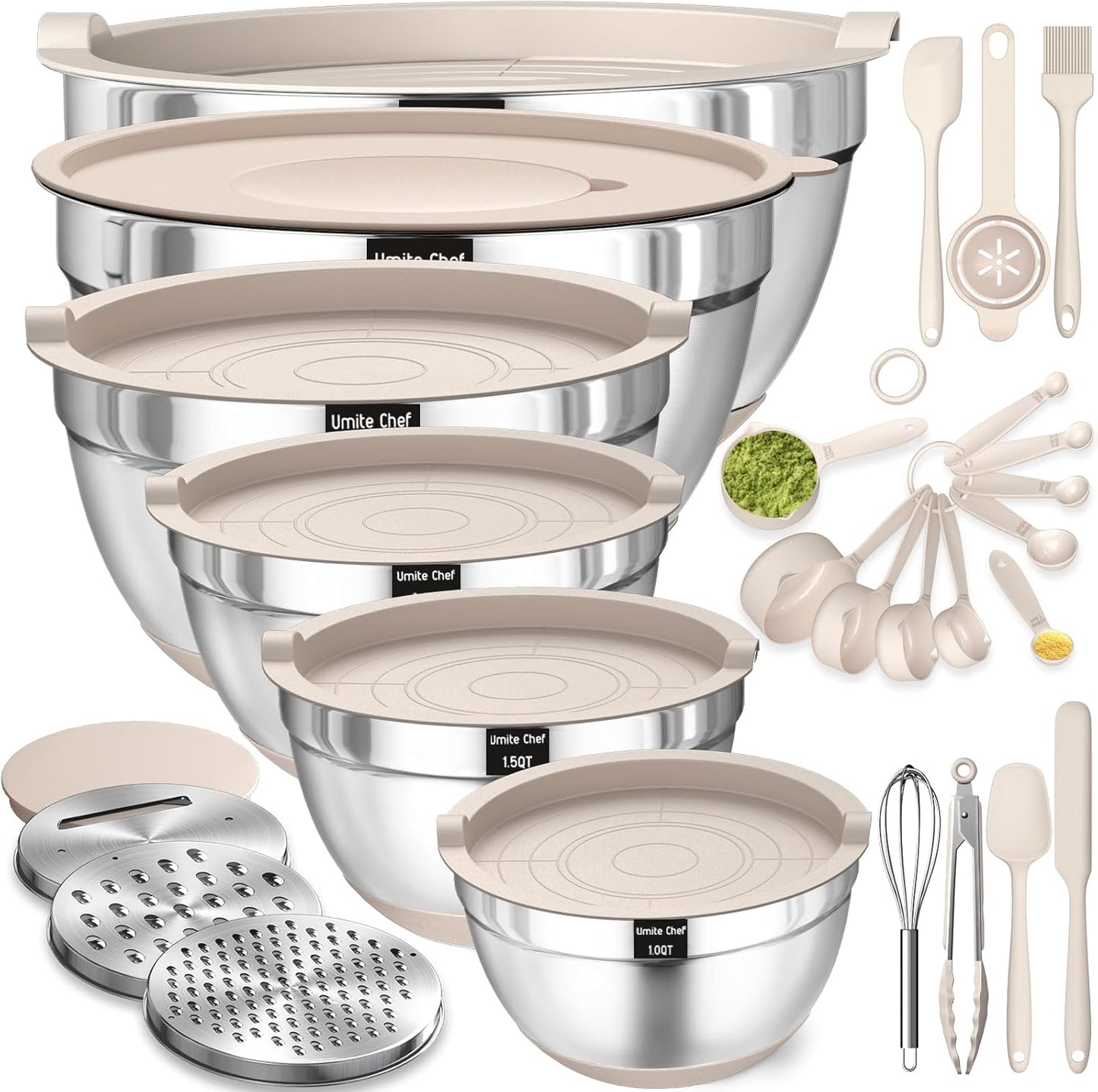 Mixing Bowls Set with Lids – 26PCS Stainless Steel, Non-Slip Base, Graters Included