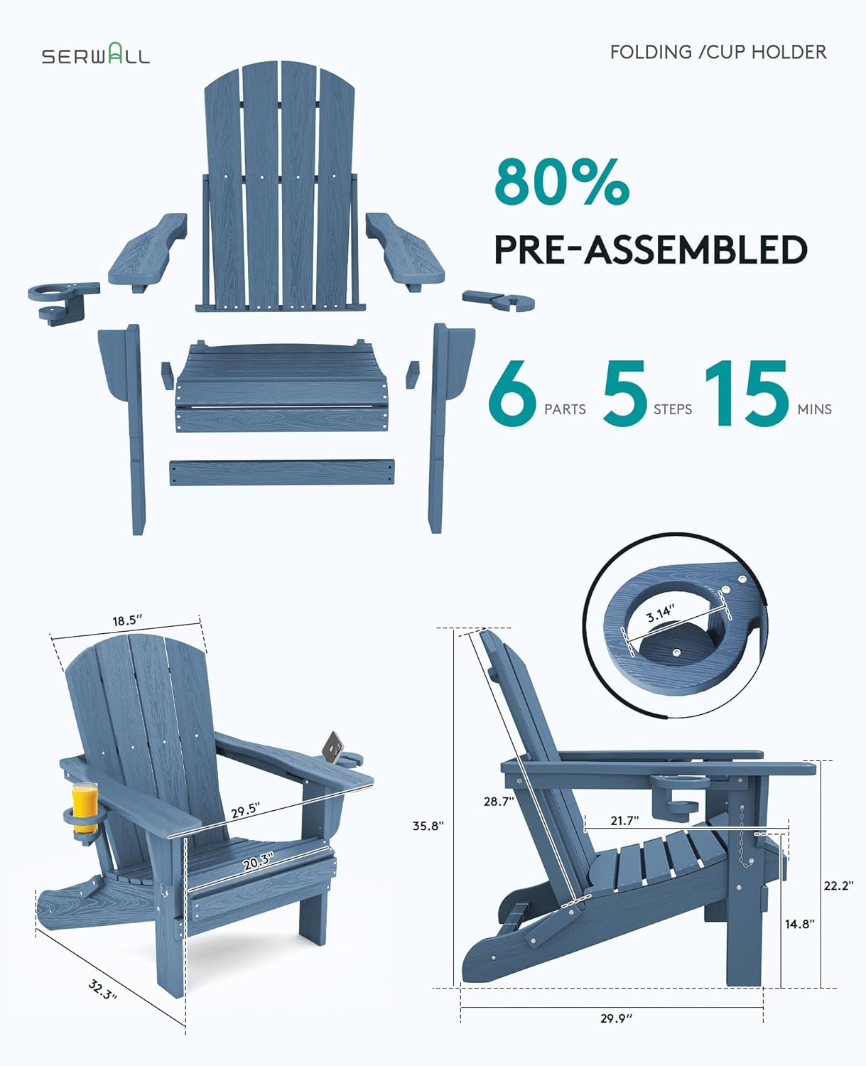 Folding Adirondack Chair – Weatherproof HDPE, Wood-Look