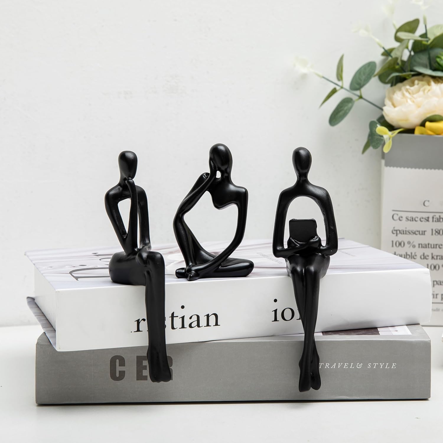 Thinker Statue Set – 3 Abstract Resin Figurines, Black