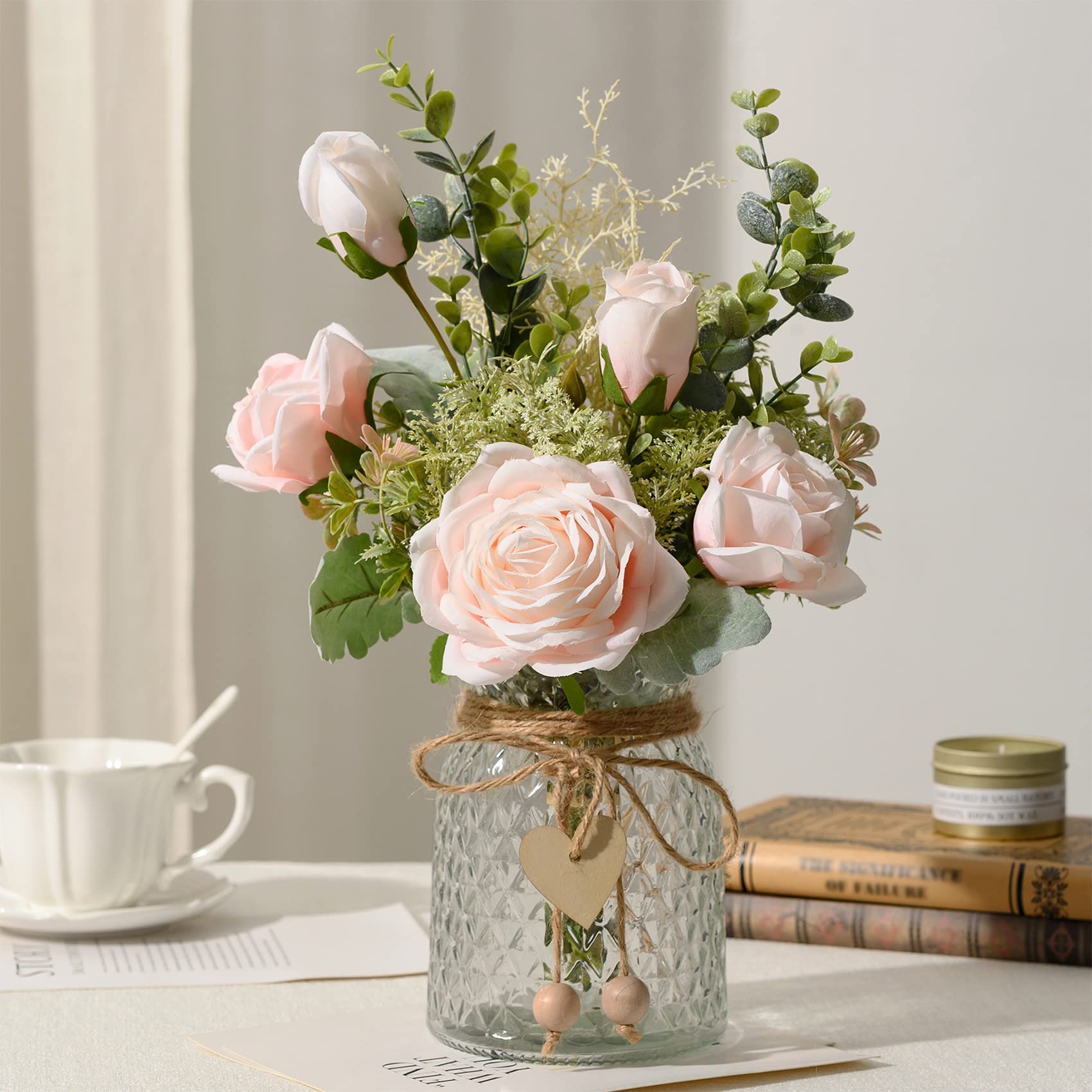 Artificial Roses in Vase – Faux Floral Centerpiece, White