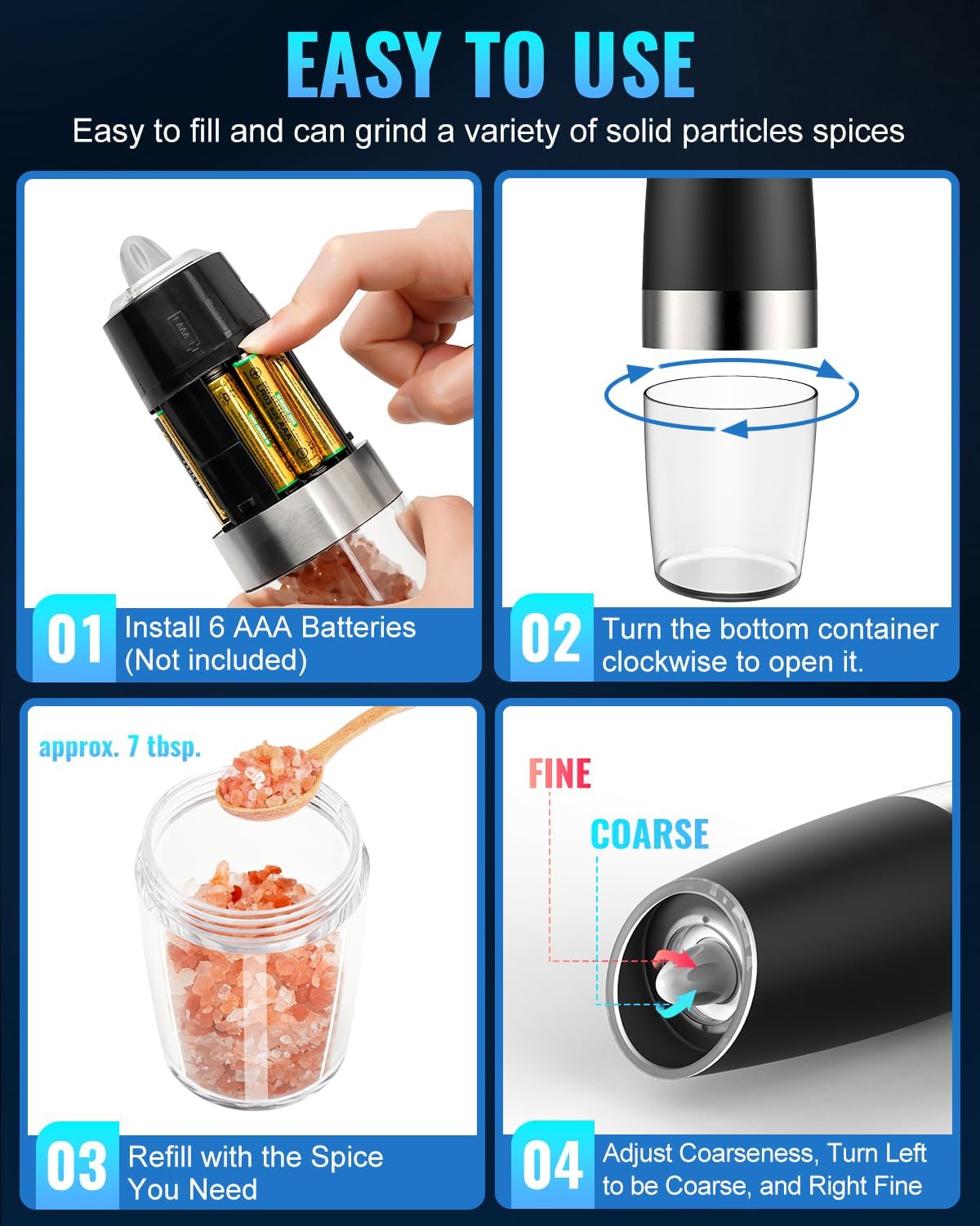 Electric Salt & Pepper Grinder Set – LED Light, Adjustable Coarseness