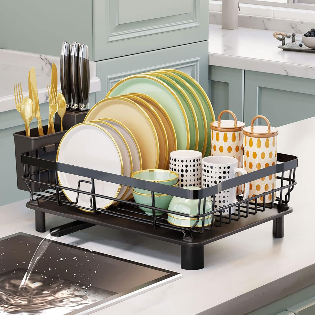 Dish Drying Rack – Drainboard, Utensil & Knife Slots, Black