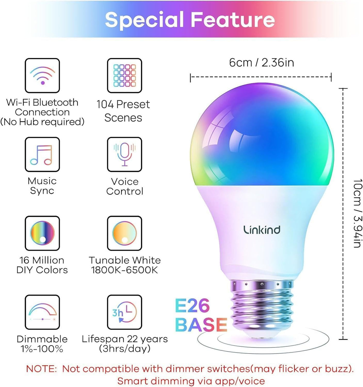 Smart LED Light Bulbs – Wi-Fi, 64 Scenes, Music Sync, 4-Pack
