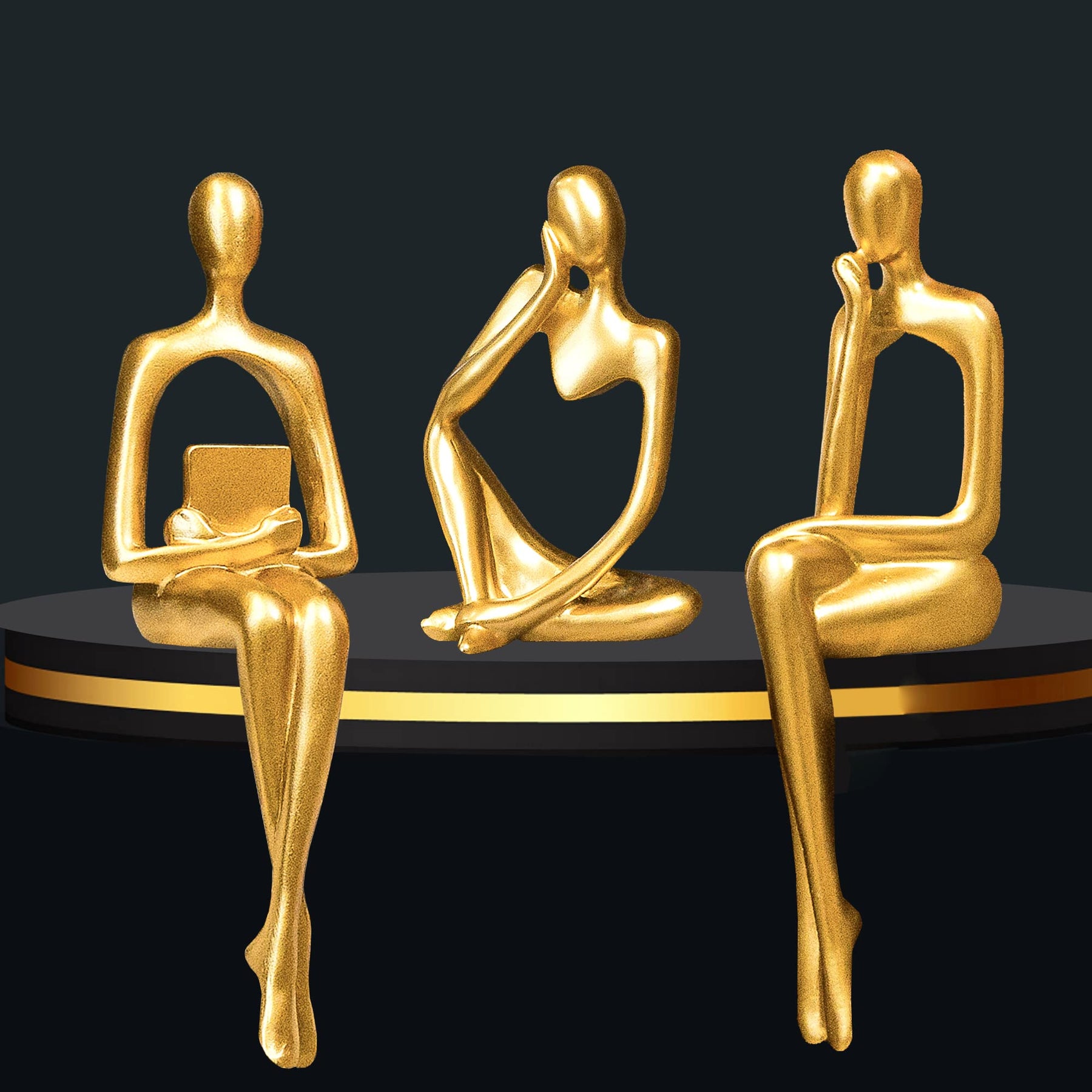 Thinker Statue Set – 3 Abstract Resin Figurines, Black