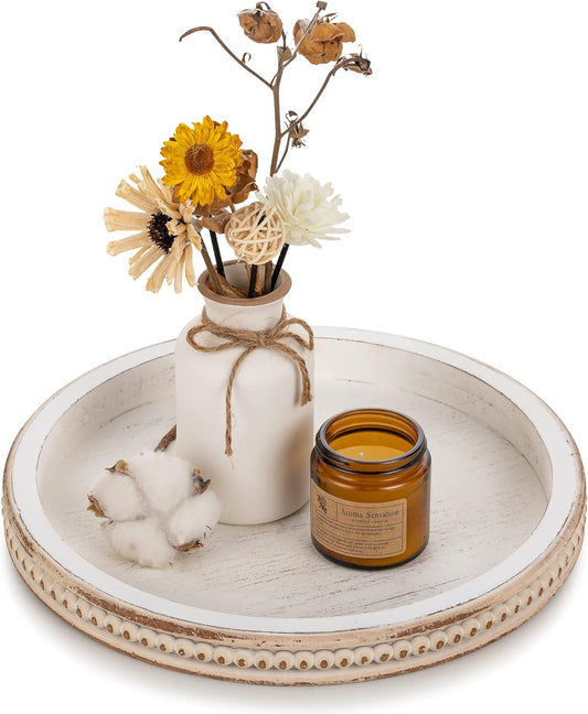 Round Bead Serving Tray – Whitewashed Wood, Farmhouse Style