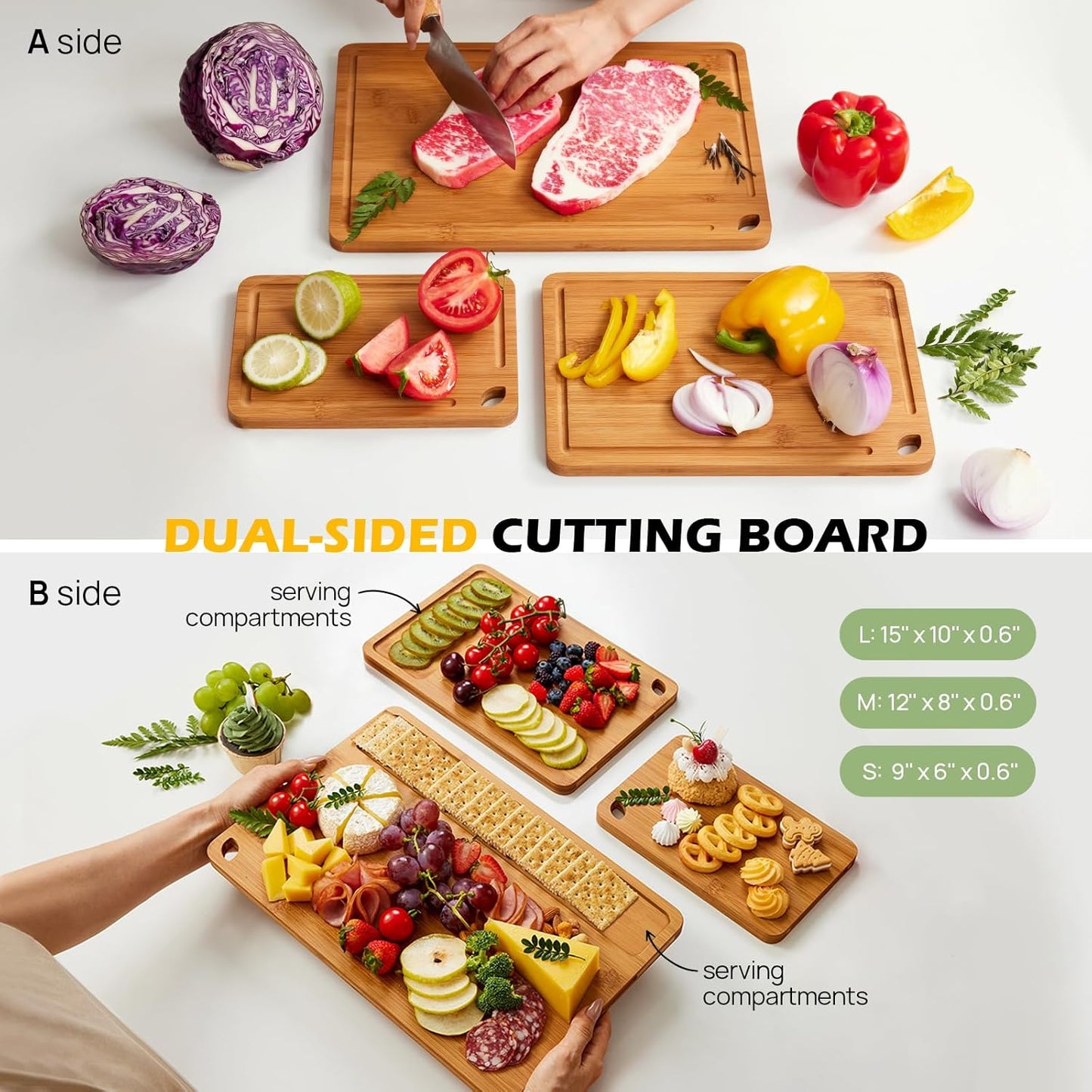 Bamboo Cutting Board – Juice Grooves & Handles, Multipurpose