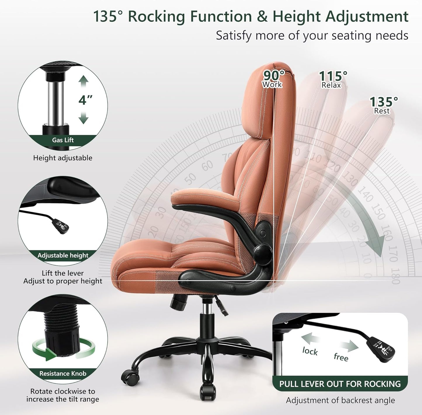 Executive Office Chair – Leather, Flip-Up Arms, Swivel, Brown