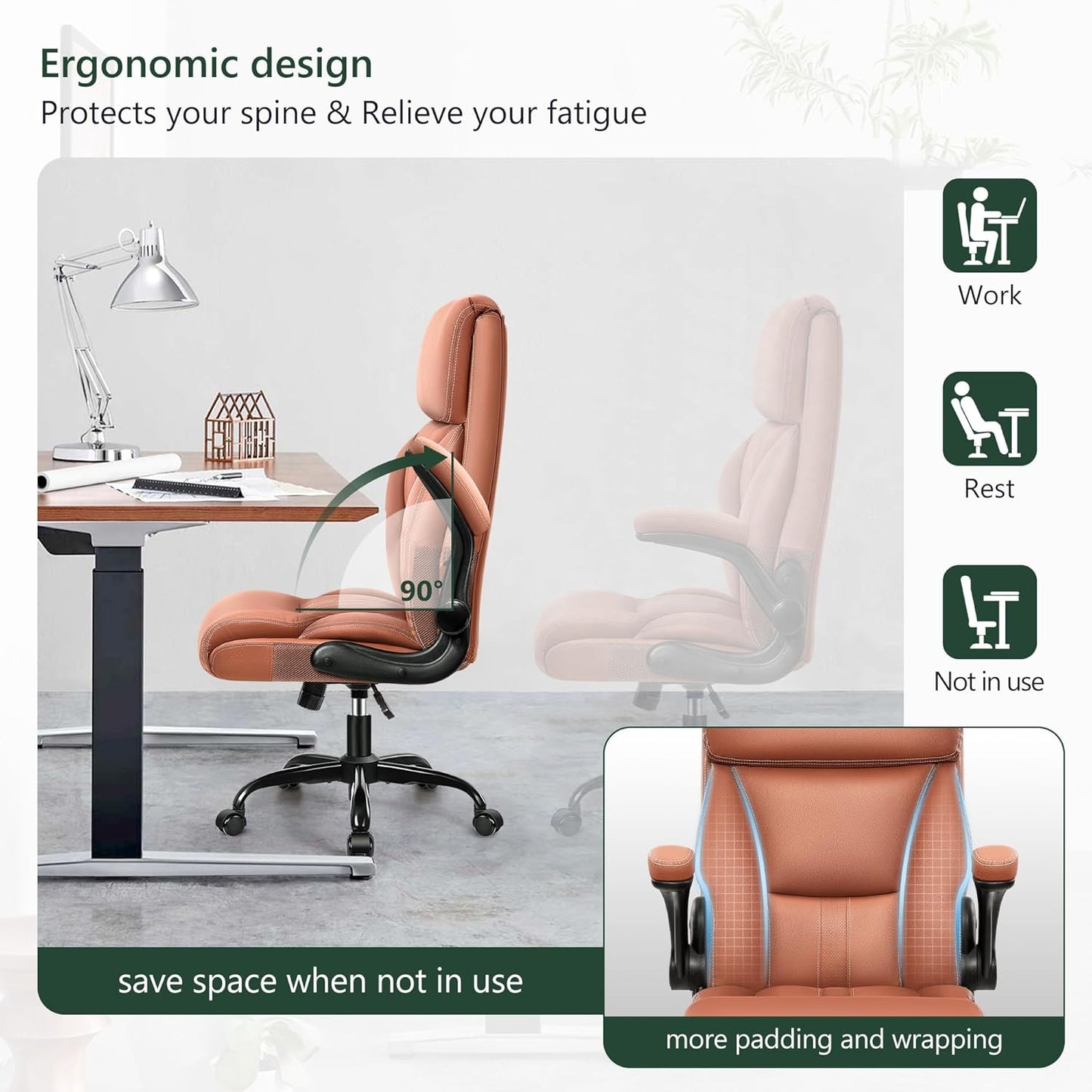 Executive Office Chair – Leather, Flip-Up Arms, Swivel, Brown