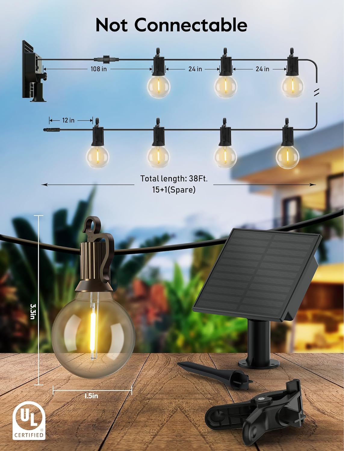 Solar String Lights – 38FT G40 Bulbs with USB, Waterproof Patio Lights
