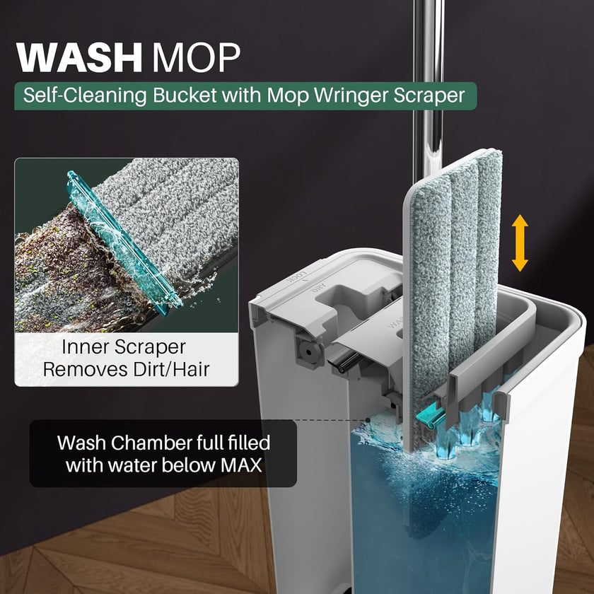 Mop and Bucket Set – Flat Squeeze, Long Handle, 4 Pads