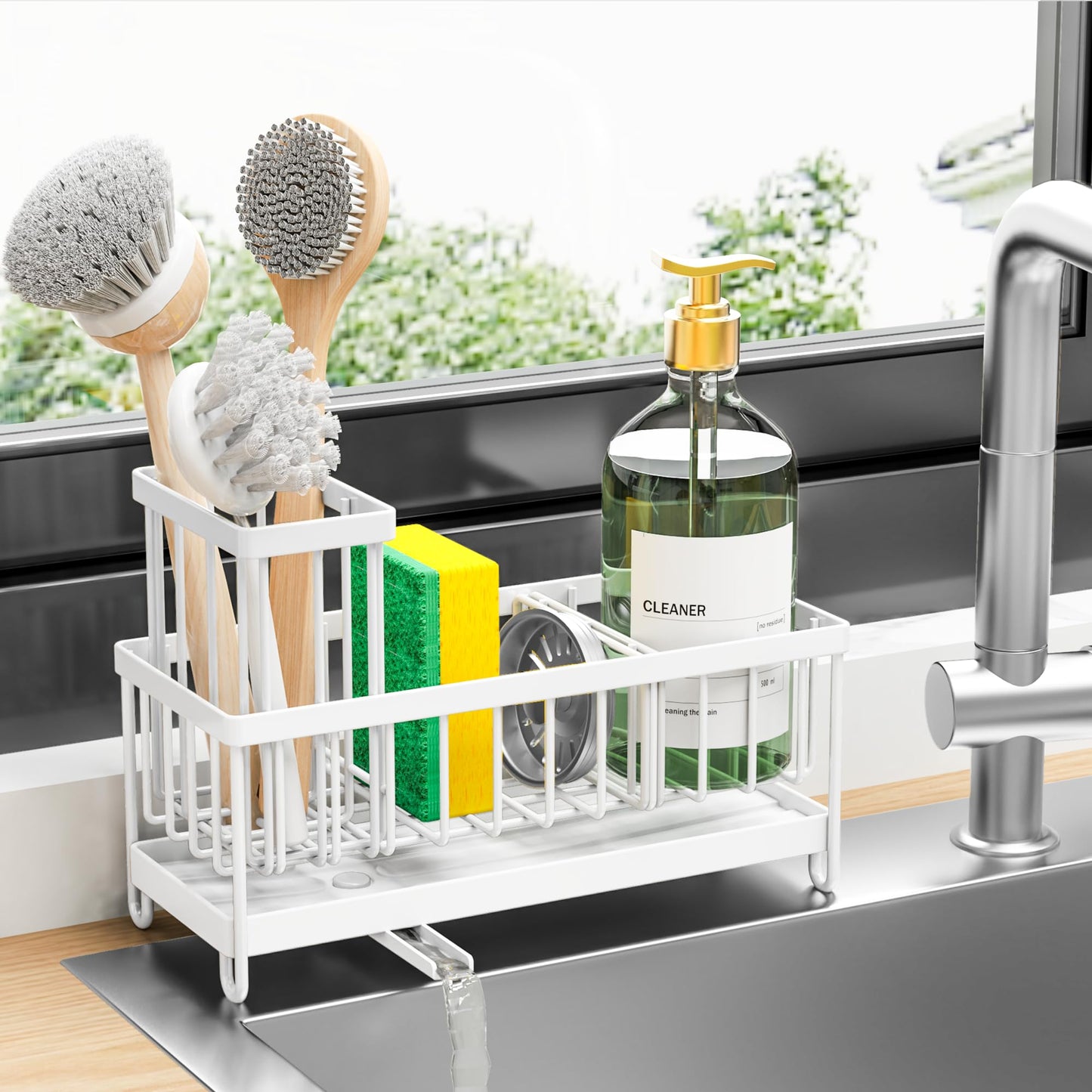 Sponge Holder with Brush Slot – Rustproof Stainless Steel Sink Caddy Organizer