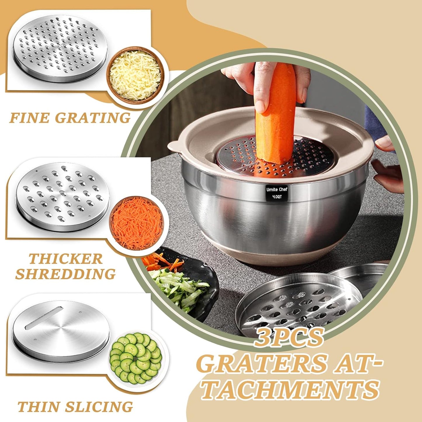 Mixing Bowls Set with Lids – 26PCS Stainless Steel, Non-Slip Base, Graters Included