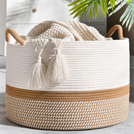 Woven Blanket Basket – 20"x13" Cotton Rope, Storage for Pillows or Toys