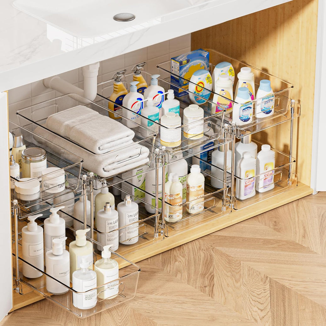 2-Tier Bathroom Organizer – 4-Pack Clear Storage Bins