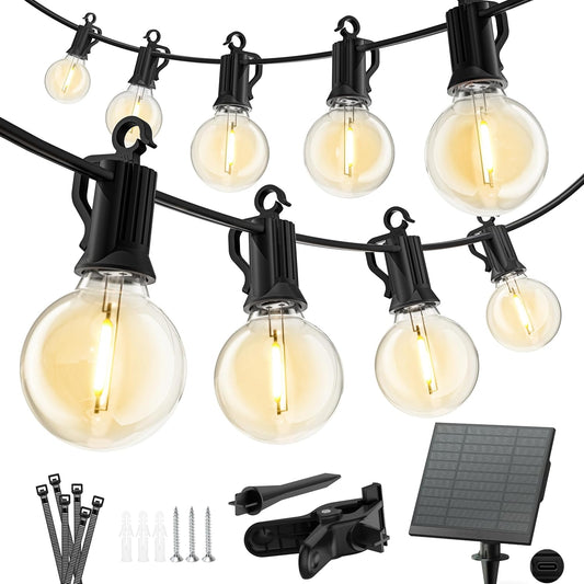 Solar String Lights – 38FT G40 Bulbs with USB, Waterproof Patio Lights
