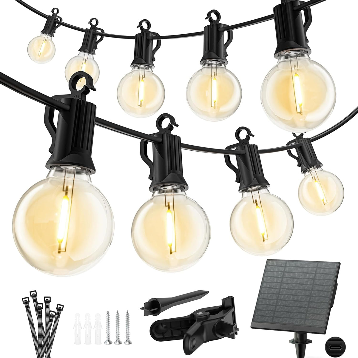 Solar String Lights – 38FT G40 Bulbs with USB, Waterproof Patio Lights