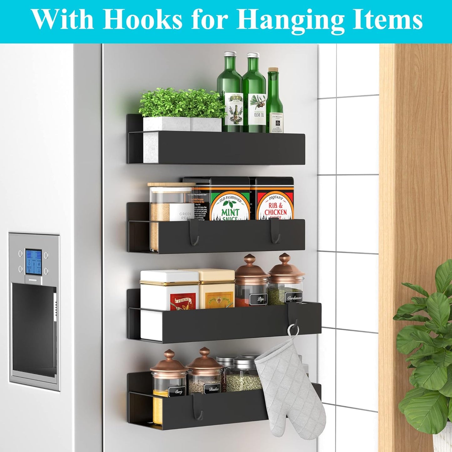 Magnetic Spice Rack – 4-Pack Fridge and Oven Organizer Set, Black