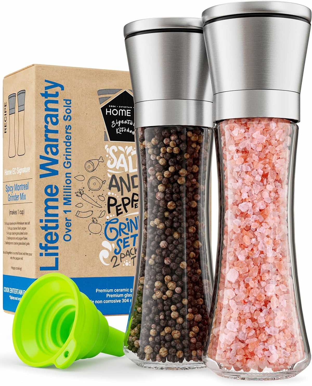 Salt & Pepper Grinder Set – Adjustable Ceramic, Glass Shakers, Funnel Included